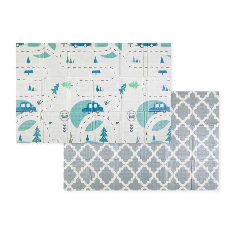 Covoras educativ, Petite&Mars, Campy L, Din spuma XPE non-toxica, Cu doua fete, Suprafata antiderapanta, 130x200 cm, Pliabil compact 40×32×21 cm, Model masini si forme geometrice