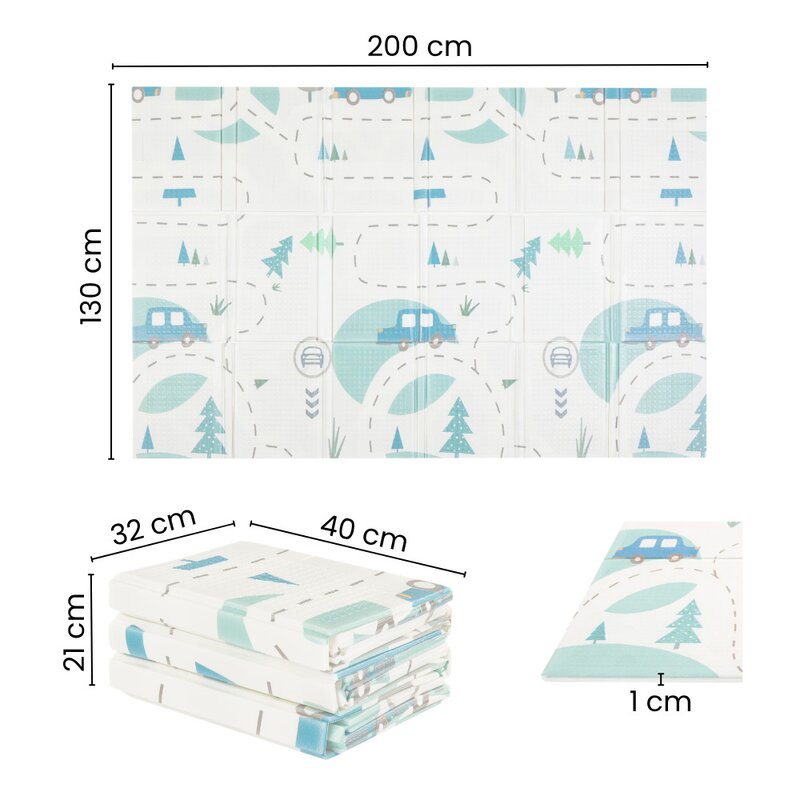 Covoras educativ, Petite&Mars, Campy L, Din spuma XPE non-toxica, Cu doua fete, Suprafata antiderapanta, 130x200 cm, Pliabil compact 40×32×21 cm, Model masini si forme geometrice