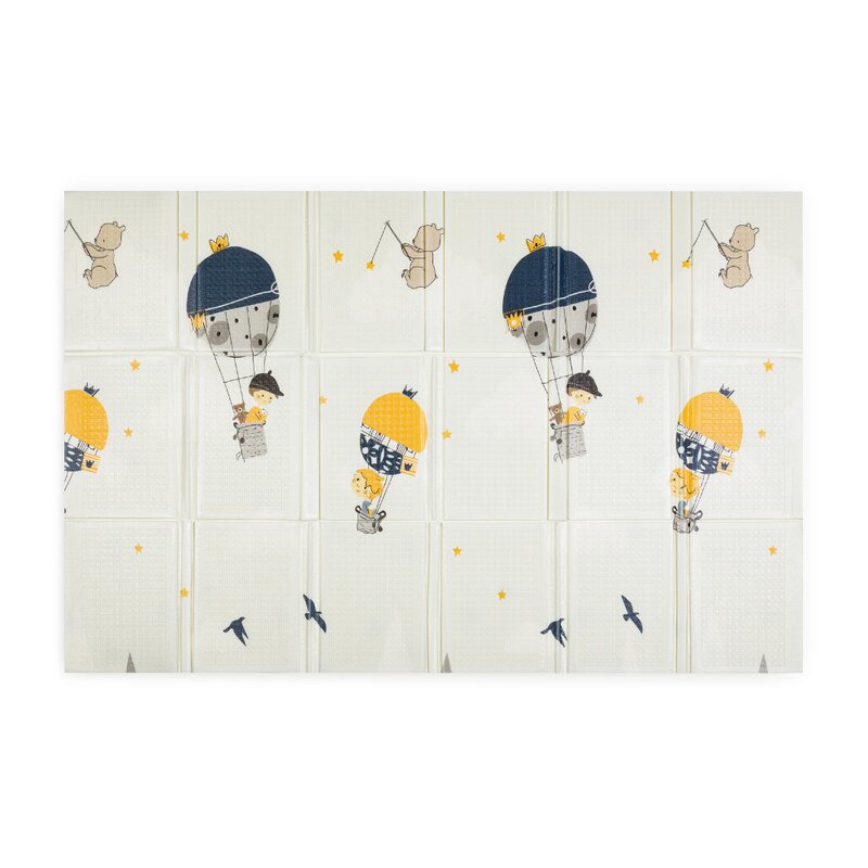 Covoras educativ, Petite&Mars, Campy L, Din spuma XPE non-toxica, Cu doua fete, Suprafata antiderapanta, 130x200 cm, Pliabil compact 40×32×21 cm, Model baloane si forme geometrice