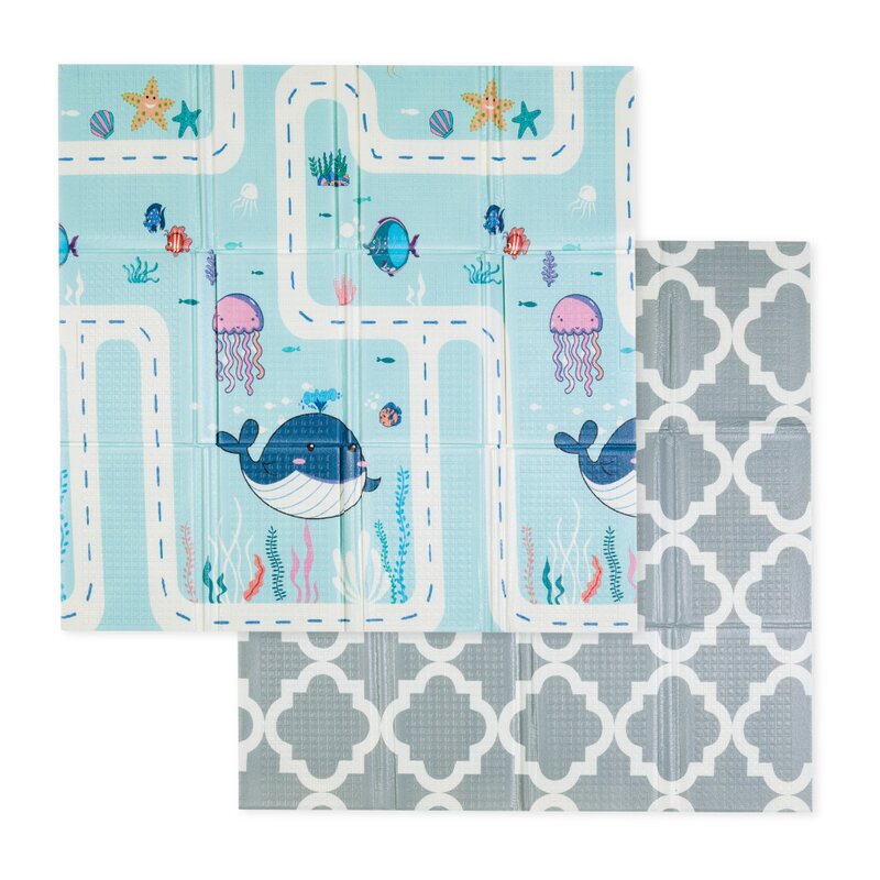 Covoras educativ, Petite&Mars, Campy S, Din spuma XPE non-toxica, Cu doua fete, Suprafata antiderapanta, 120x120 cm, Pliabil compact 40×30×13 cm, Model animalute si forme geometrice