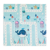 Covoras educativ, Petite&Mars, Campy S, Din spuma XPE non-toxica, Cu doua fete, Suprafata antiderapanta, 120x120 cm, Pliabil compact 40×30×13 cm, Model animalute si forme geometrice