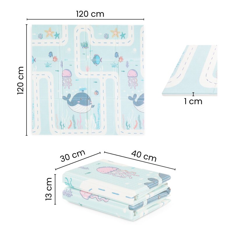 Covoras educativ, Petite&Mars, Campy S, Din spuma XPE non-toxica, Cu doua fete, Suprafata antiderapanta, 120x120 cm, Pliabil compact 40×30×13 cm, Model animalute si forme geometrice