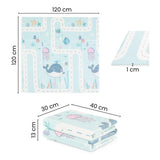 Covoras educativ, Petite&Mars, Campy S, Din spuma XPE non-toxica, Cu doua fete, Suprafata antiderapanta, 120x120 cm, Pliabil compact 40×30×13 cm, Model animalute si forme geometrice