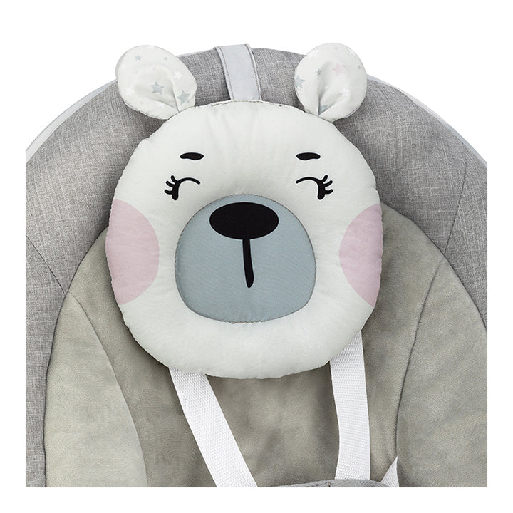 Leagan pentru bebelusi, MoMi LISS Bear Pink, 5 viteze de balansare, Cronometru, Alimentare baterii, 8 melodii, 2 jucarii incluse, Centura in 5 puncte - gogobaby.ro