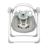 Leagan pentru bebelusi, MoMi LISS Bear, Gri/Turcoaz, 5 viteze de balansare, Cronometru, Alimentare baterii, 8 melodii, 2 jucarii incluse, Centura in 5 puncte