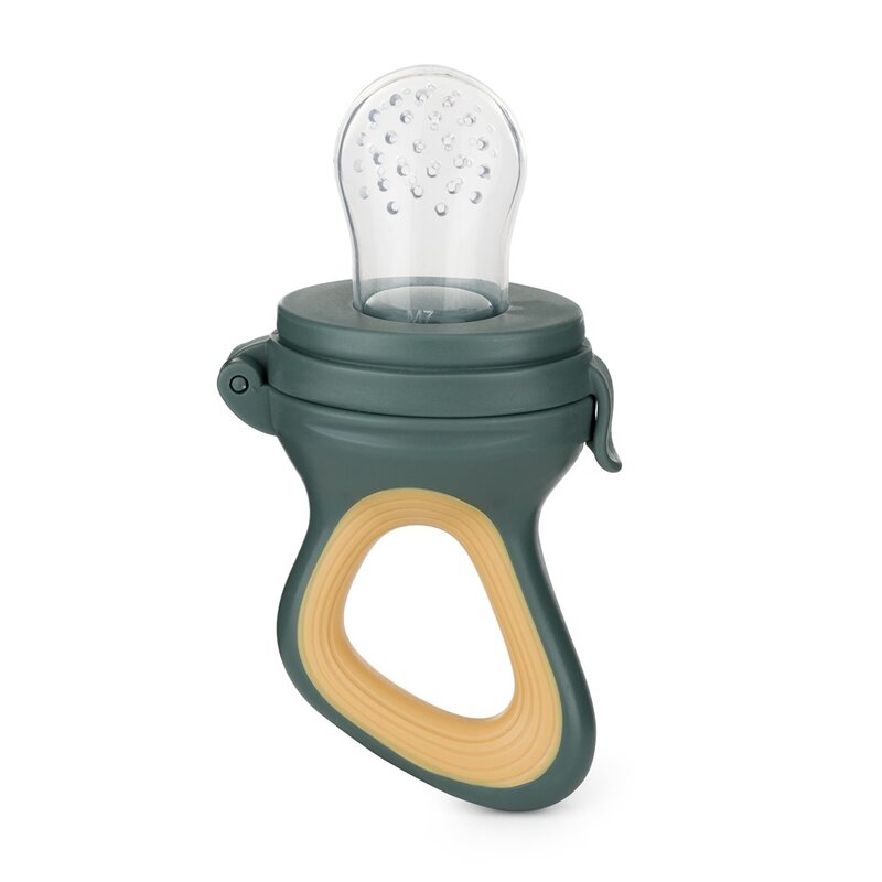 Dispozitiv de hranire, Petite&Mars, Pentru fructe si legume, Include capac de protectie, 6+ luni, Verde/Ocru