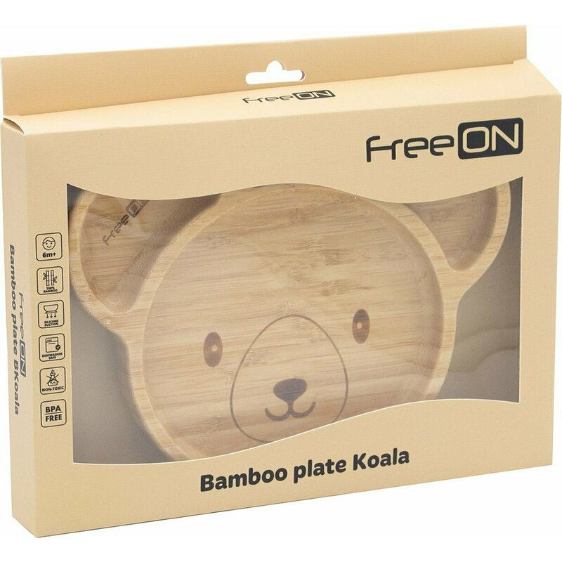 Farfurie compartimentata, FreeON, Din bambus, Cu ventuza, Conform cu standardul european de securitate EN 14372:2004, Bear - gogobaby.ro