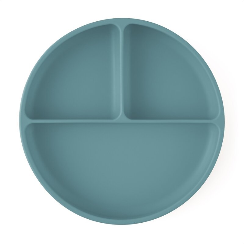 Farfurie compartimentata, Petite&Mars, Take&Match, Din silicon, Rotunda, Cu ventuza si 3 compartimente, Adecvata pentru masina de spalat vase si microunde, Nu absoarbe mirosuri, Fara BPA, 500 ml, 6 luni+, Frosted Sky, Albastru