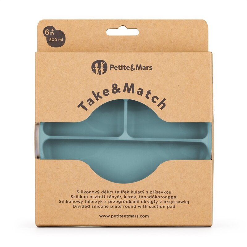 Farfurie compartimentata, Petite&Mars, Take&Match, Din silicon, Rotunda, Cu ventuza si 3 compartimente, Adecvata pentru masina de spalat vase si microunde, Nu absoarbe mirosuri, Fara BPA, 500 ml, 6 luni+, Frosted Sky, Albastru