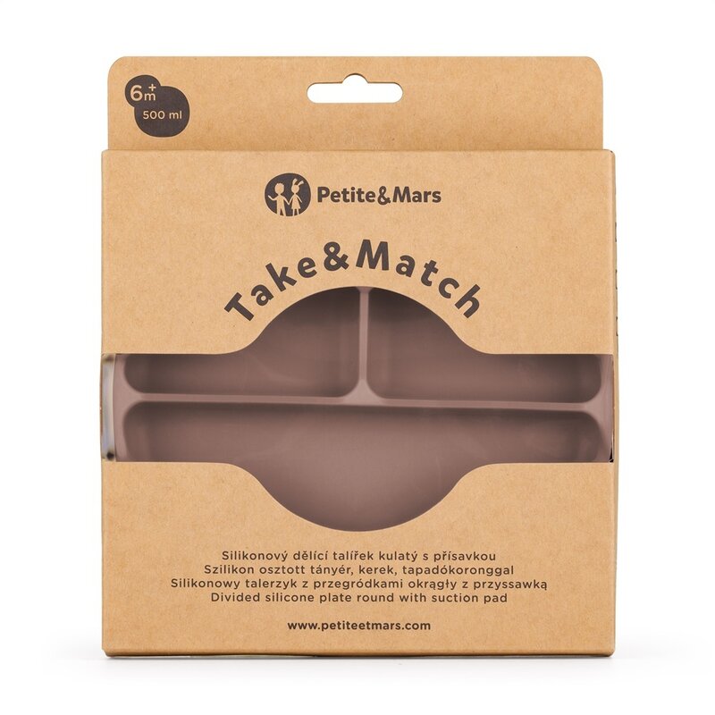 Farfurie compartimentata, Petite&Mars, Take&Match, Din silicon, Rotunda, Cu ventuza si 3 compartimente, Adecvata pentru masina de spalat vase si microunde, Nu absoarbe mirosuri, Fara BPA, 500 ml, 6 luni+, Velvet Latte, Maro pudrat - gogobaby.ro