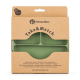 Farfurie compartimentata, Petite&Mars, Take&Match, Din silicon, Rotunda, Cu ventuza si 3 compartimente, Adecvata pentru masina de spalat vase si microunde, Nu absoarbe mirosuri, Fara BPA, 500 ml, 6 luni+, Sweet Pea, Verde