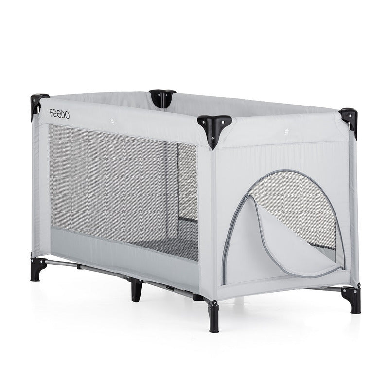 Patut de calatorie, Feedo, Pliabil, Cu geanta de transport inclusa, Cu intrare laterala si inchidere prin fermoar, Greutate maxima suportata 15 kg, 0-30 luni, Gri deschis - gogobaby.ro