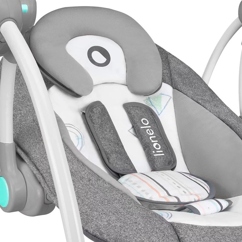 Fotoliu balansoar, Lionelo, Ruben, Electric, Cu spatar reglabil, Cu 12 melodii relaxante si sunete ale naturii, Cu 3 programe de balansare automata, Conform cu standardul european EN 16232, 68x65 cm, Gri/Turcoaz