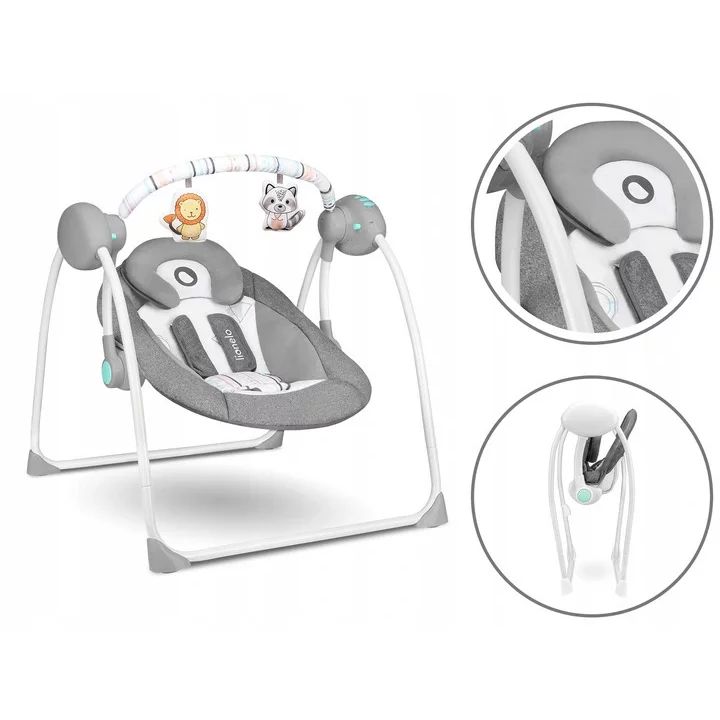Fotoliu balansoar, Lionelo, Ruben, Electric, Cu spatar reglabil, Cu 12 melodii relaxante si sunete ale naturii, Cu 3 programe de balansare automata, Conform cu standardul european EN 16232, 68x65 cm, Gri/Turcoaz