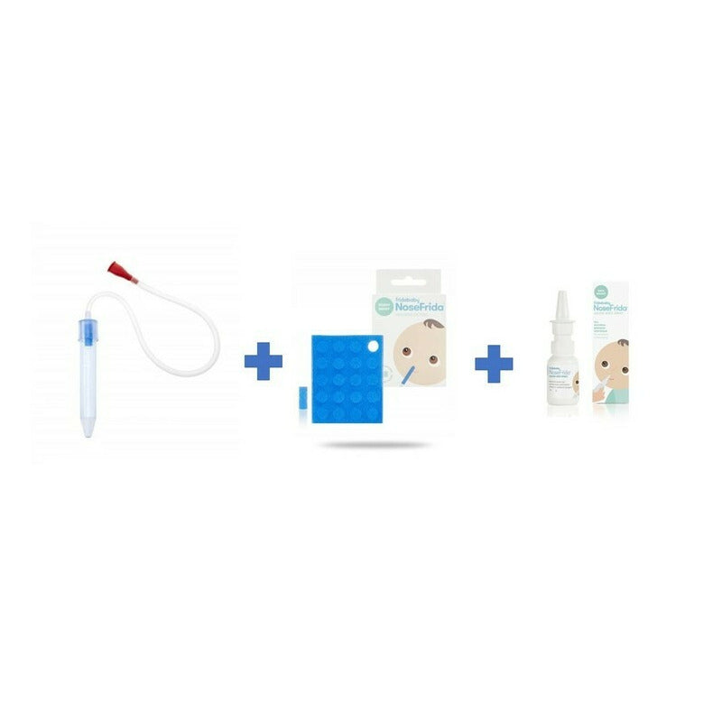 Kit aspirator nazal, FridaBaby, 3 in 1, Cu spray cu apa de mare, 10 filtre igienice, Testat si recomandat de pediatrii suedezi, Fara ftalati si BPA, Transparent - gogobaby.ro