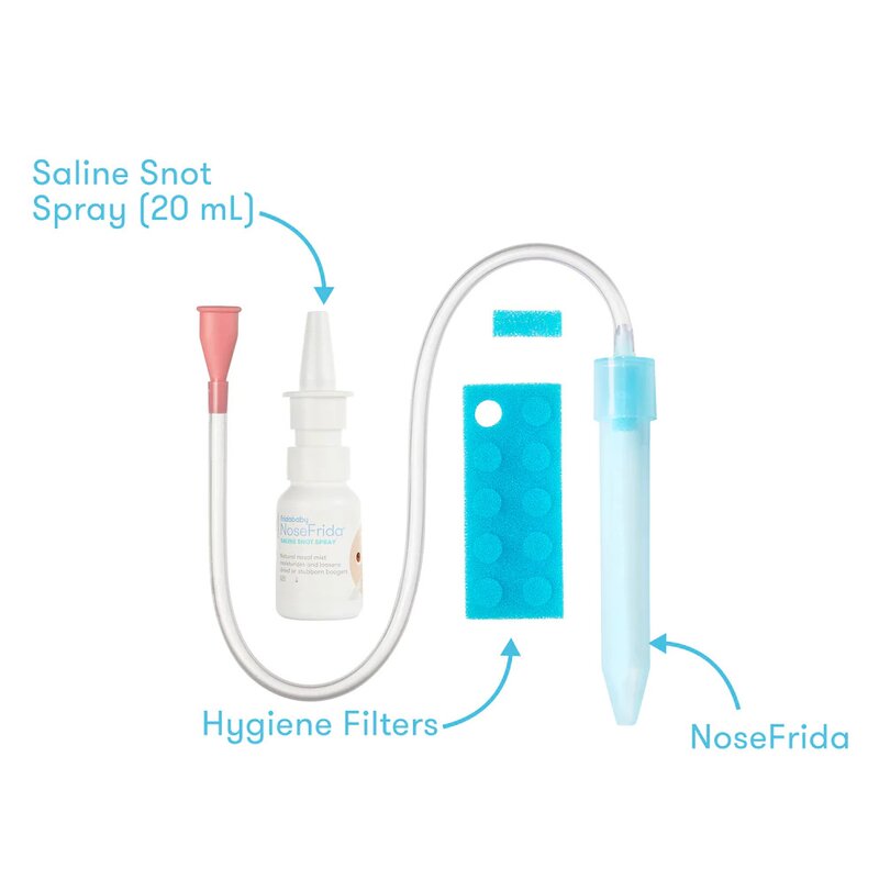 Kit aspirator nazal, FridaBaby, 3 in 1, Cu spray cu apa de mare, 10 filtre igienice, Testat si recomandat de pediatrii suedezi, Fara ftalati si BPA, Transparent - gogobaby.ro