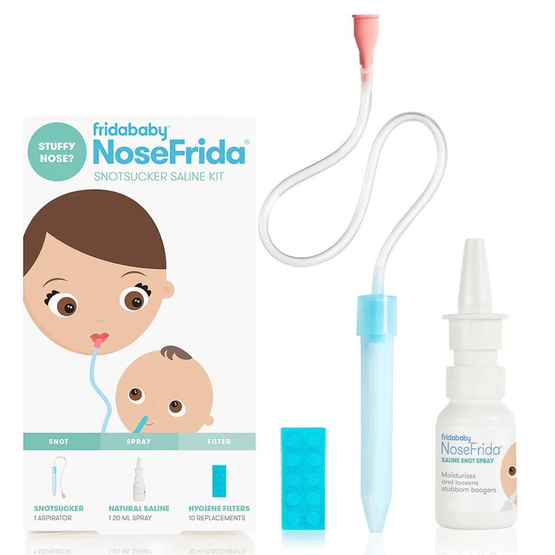 Kit aspirator nazal, FridaBaby, 3 in 1, Cu spray cu apa de mare, 10 filtre igienice, Testat si recomandat de pediatrii suedezi, Fara ftalati si BPA, Transparent - gogobaby.ro