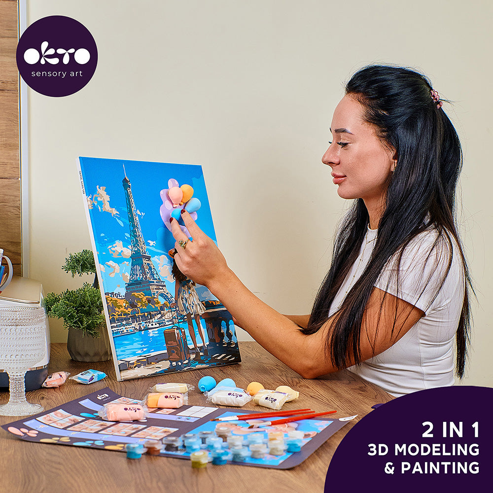 Set pictura si modelare 3D cu argila usoara, 30*40 cm - Greetings from Paris