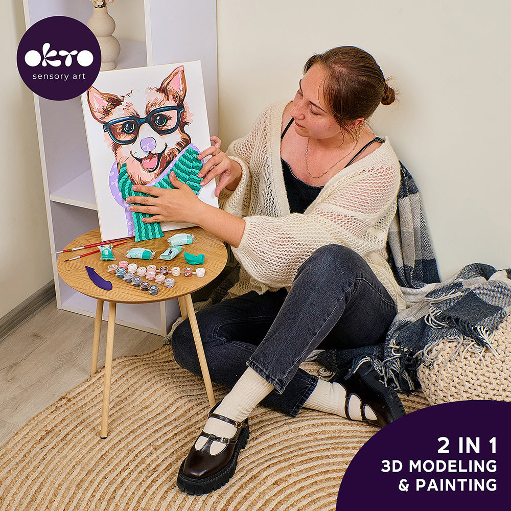 Set pictura si modelare 3D cu argila usoara, 30*40 cm - Fashion Corgi