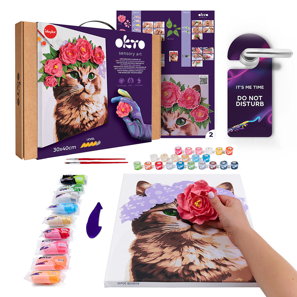 Set pictura si modelare 3D cu argila usoara, 30*40 cm - A Cat in a Flower Crown