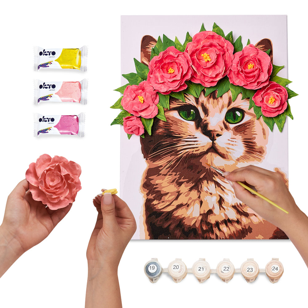 Set pictura si modelare 3D cu argila usoara, 30*40 cm - A Cat in a Flower Crown
