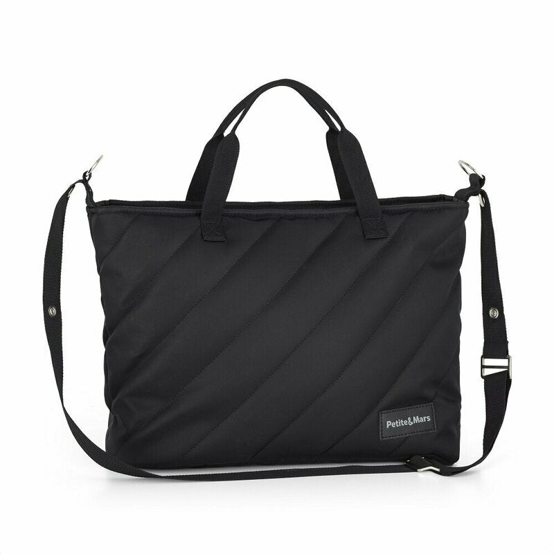 Geanta pentru mamici, Petite&Mars, Mia , Compartimente multiple, Buzunare interioare si exterioare- inclusiv termice, Curea de umar, Sistem de prindere pe carucior, 38 x 27 x 14 cm, Negru