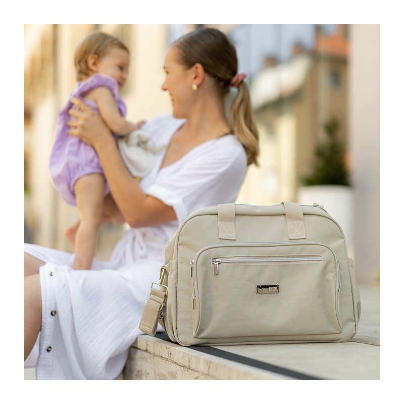 Geanta pentru scutece, FreeON, Style, Impermbeabila, Cu multiple buzunare, Dimensiune compacta, 39x32x18 cm, Grey/beige