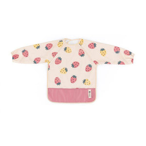 Baveta impermeabila, Petite&Mars, Cu maneci lungi, Usor de curatat, inchidere prin velcro, Dimensiune 38x42 cm, 24 luni+, Beige Strawberies - gogobaby.ro