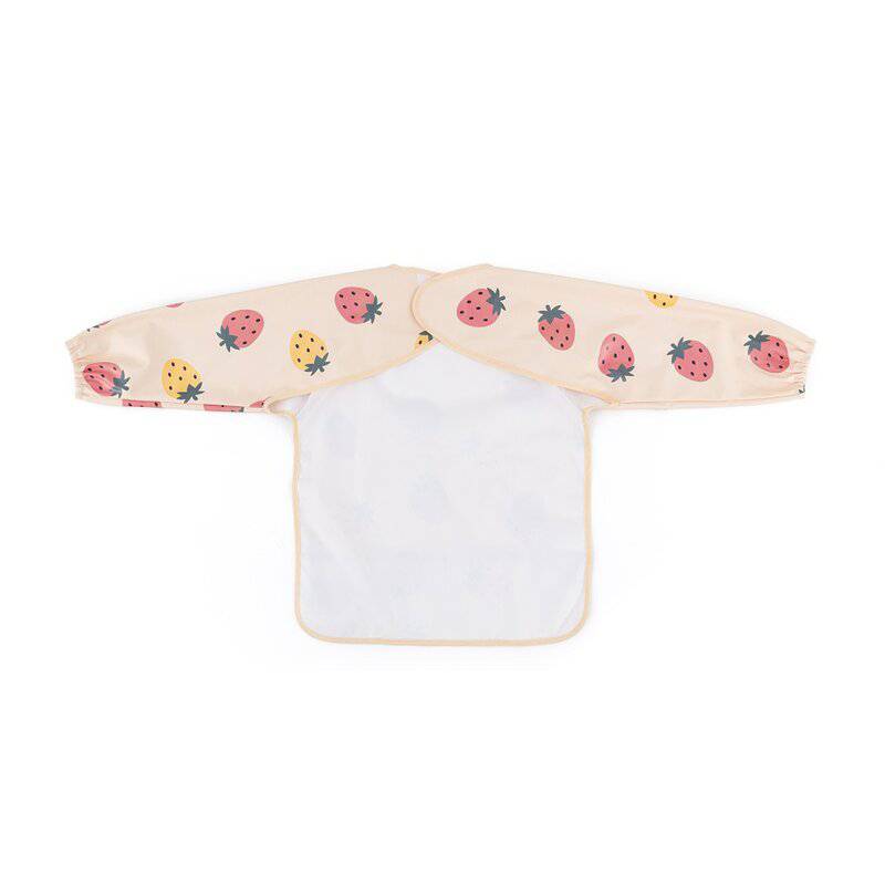 Baveta impermeabila, Petite&Mars, Cu maneci lungi, Usor de curatat, inchidere prin velcro, Dimensiune 38x42 cm, 24 luni+, Beige Strawberies - gogobaby.ro