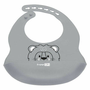 Baveta, FreeON, Moale, Din silicon, Fara BPA, Cu buzunar, 31 x 24 cm, Lion Grey - gogobaby.ro