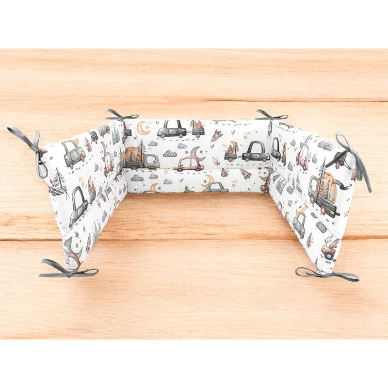 Aparatoare pentru patut, MimiNu, Din bumbac certificat Oeko Tex Standard 100, 180x30 cm, Cu panglici, Design, Cars Grey - gogobaby.ro