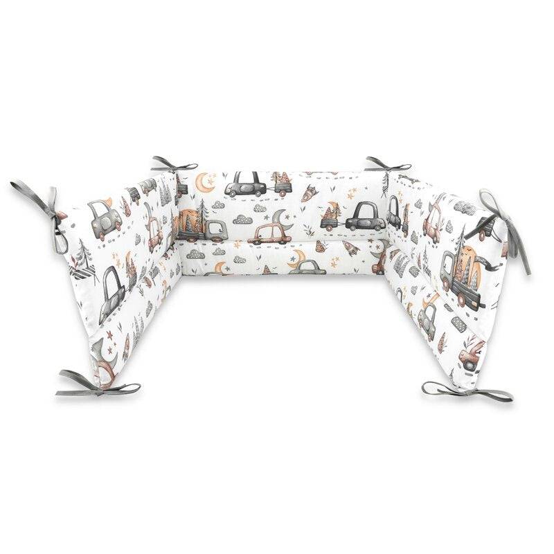 Aparatoare pentru patut, MimiNu, Din bumbac certificat Oeko Tex Standard 100, 180x30 cm, Cu panglici, Design, Cars Grey - gogobaby.ro
