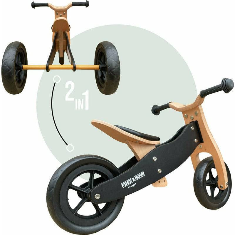 Bicicleta/tricicleta fara pedale, Free2Move, Din lemn, 2 in 1, Functie de bicicleta echilibru, Sa reglabila, Manere antiderapante, Roti ajustabile, 18 luni - 3 ani, Conform cu standardele europene EN71-1;2018, EN71-2:2020, EN71-3:2021, Brown White - gogobaby.ro