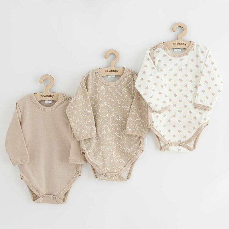 Set 3 piese, New Baby, Classic II, Include 3 body-uri cu maneca lunga, Marime 62, Din bumbac 100%, Beige - gogobaby.ro