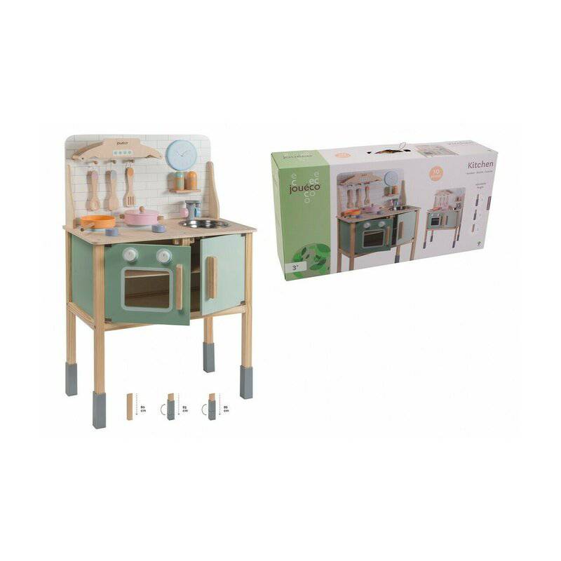 Bucatarie copii, Joueco, Din lemn certificat FSC, Cu accesorii, Reglabila pe inaltime, 86x56 cm, 3 ani+, Multicolor - gogobaby.ro