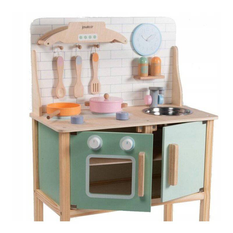Bucatarie copii, Joueco, Din lemn certificat FSC, Cu accesorii, Reglabila pe inaltime, 86x56 cm, 3 ani+, Multicolor - gogobaby.ro