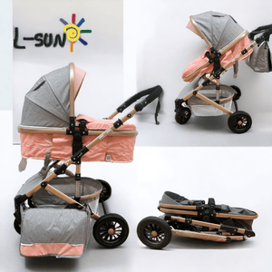 Carucior 2 in 1 L-sun Iris transformabil, 0-36 luni, cu suspensii pe cadru si roti cauciuc, culoare ROZ GGBT7C2 - gogobaby.ro