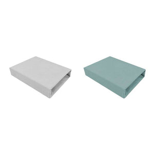 Set 2 cearceafuri cu elastic, Qmini, Pentru patut leagan sau patut co-sleeper, 90x40 cm, Din bumbac, Material certificat Oeko Tex Standard 100, Grey and Dark Mint - gogobaby.ro