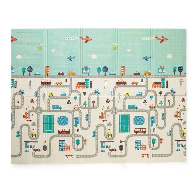 Covoras de joaca, Petite&Mars, Reversibil, Include geanta pentru transport, Pliabil si impermeabil, Non-toxic, 197 x 147 x 1 cm, Oras, 0 luni+, Multicolor - gogobaby.ro