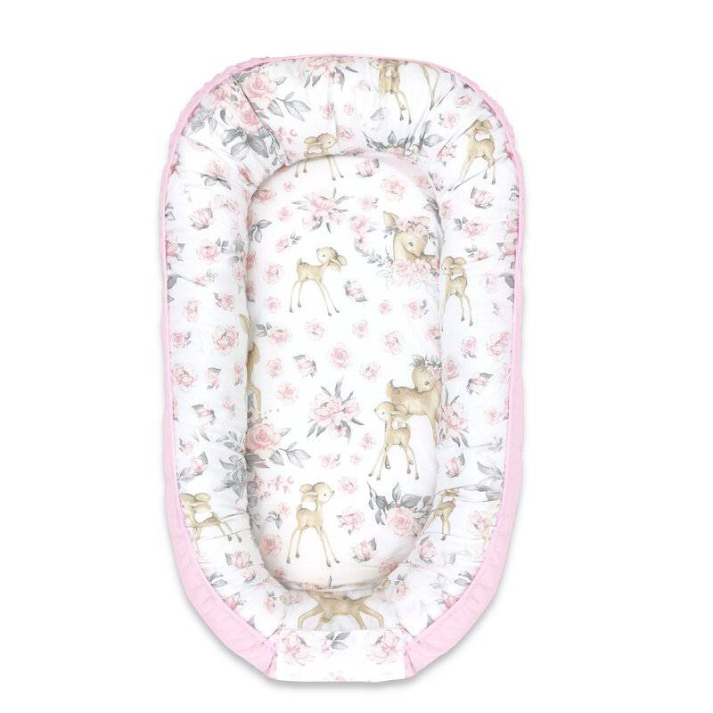 Cosulet bebelus, MimiNu, Pentru dormit, Cu doua fete, Baby Nest 105x66 cm, Husa 100% bumbac si catifea moale, Materiale certificate Oeko Tex Standard 100, Cu salteluta, Detasabila, Velvet Sweet Deer Pink