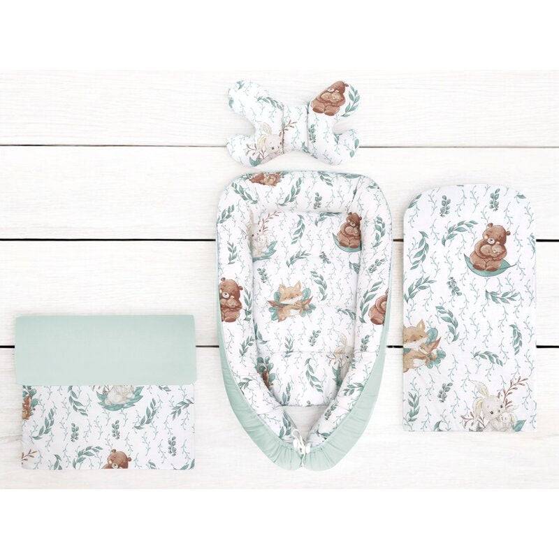 Set 4 in 1 Cosulet bebelus, MimiNu, Baby Cocoon 75x55 cm, Husa bumbac, Din bumbac certificat Oeko Tex Standard 100, Cu paturica 50x70 cm, Cu salteluta, Cu perna fluture, Lulu Natural - gogobaby.ro