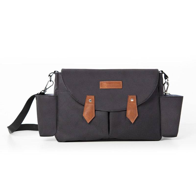 Geanta pentru scutece si organizator carucior, Petite&Mars, Sara, 2 in 1, Cu 7 buzunare, 1 buzunar cu izolatie termica, Dimensiune compacta, 40x23x10 cm, Negru/Maro - gogobaby.ro