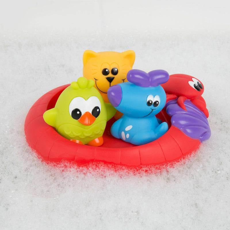 Set 3 animalute de baie si barca plutitoare, Playgro, Fara gauri, Cu gentuta pentru transport, Fara BPA, Splash and Float Friends, Multicolor