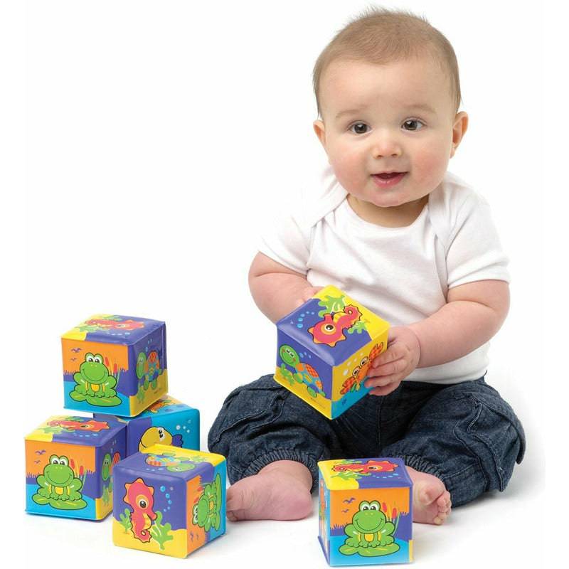 Set 6 cuburi noi pentru baie, Playgro, Cu animalute marine, Dimesiune 7.5 cm fiecare cub, Soft blockes for bath - gogobaby.ro