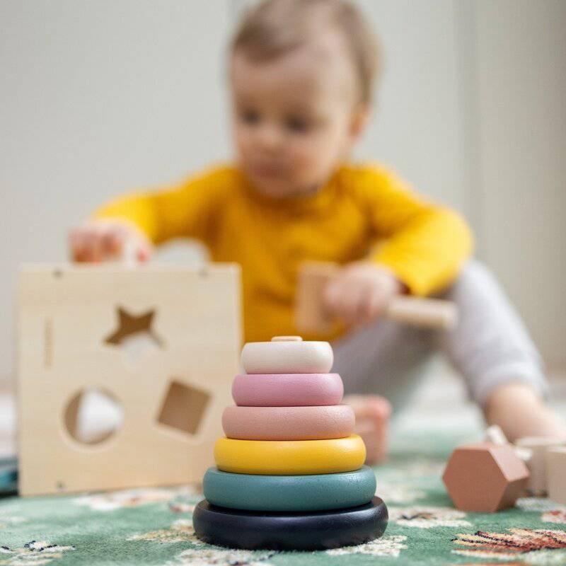 Jucarie de stivuire, Petite&Mars, Turn Orbit Wood of Mars, 10 cm, 36 luni+, Multicolor - gogobaby.ro