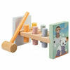 Banc de lucru, Joueco, Familia Wildies, 10 piese, Cu ciocanel, Din lemn certificat FSC, 26x12 cm, 12 luni+, Multicolor