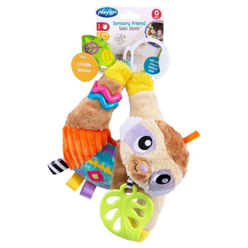 Jucarie carucior sau scaun auto, Playgro, Salo, Cu inele pentru dentitie, Cu diverse forme si texturi, Cu sunete si zornaieli, Dezvolta abilitatile motorii si imaginatia, 0 luni+, Sensory Friend Salo Sloth - gogobaby.ro