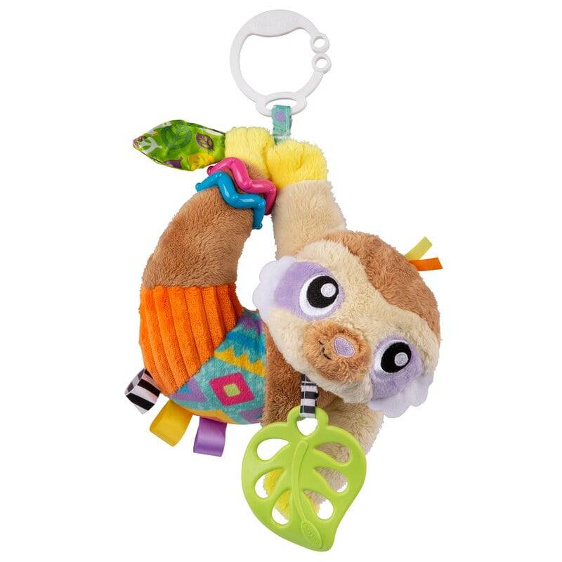 Jucarie carucior sau scaun auto, Playgro, Salo, Cu inele pentru dentitie, Cu diverse forme si texturi, Cu sunete si zornaieli, Dezvolta abilitatile motorii si imaginatia, 0 luni+, Sensory Friend Salo Sloth - gogobaby.ro