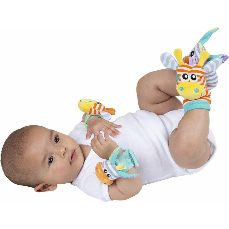 Set jucarii zornaitoare, Playgro, Include sosete interactive si 2 bratari, Inchidere cu velcro, Stimuleaza dezvoltarea senzoriala si tactila, 6 luni+, Jungle Wrist Rattle and Foot Finder - gogobaby.ro