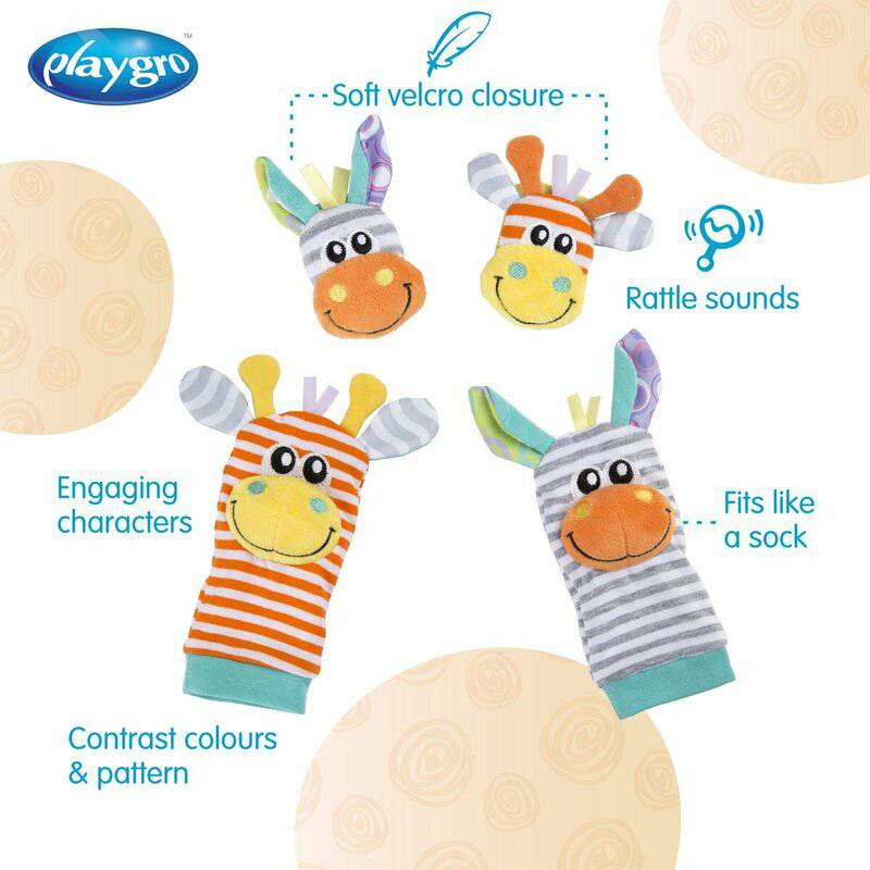Set jucarii zornaitoare, Playgro, Include sosete interactive si 2 bratari, Inchidere cu velcro, Stimuleaza dezvoltarea senzoriala si tactila, 6 luni+, Jungle Wrist Rattle and Foot Finder - gogobaby.ro